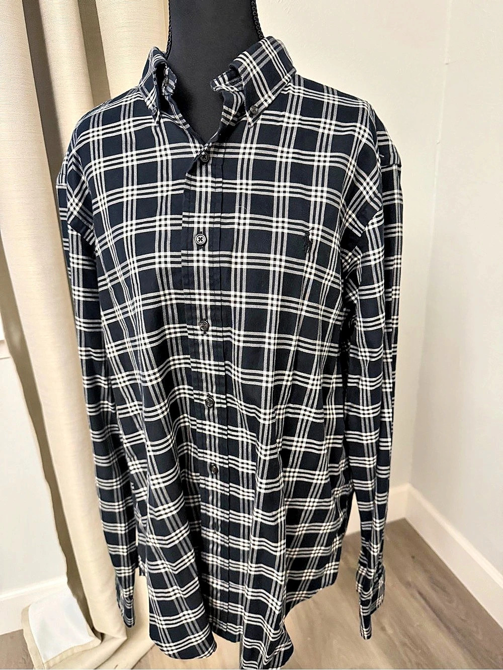 Ralph Lauren Plaid Cotton Button Down Shirt Black & White Large Black Pony